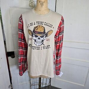 Upcycled skeleton cowboy‎ t-shirt pullover flannel shirt.  womens.  oversized.